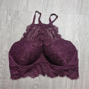 PINK Bralette Womens Medium Purple Lace Padded Wireless Floral Logo Longline